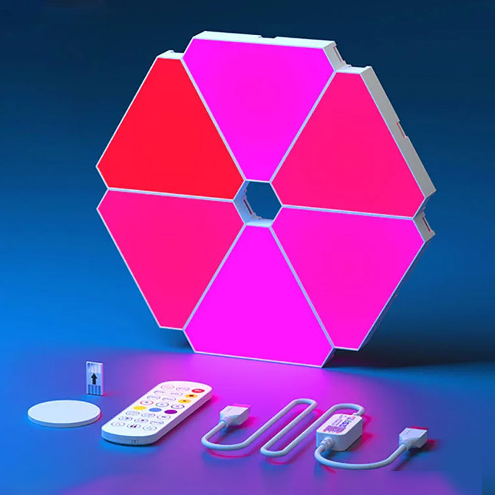 Luz LED RGB Quantum - Para Parede, Triangular, Sincronização com Música, Controlo por App e Voz Luz LED RGB Quantum - Para Parede, Triangular, Sincronização com Música, Controlo por App e Voz